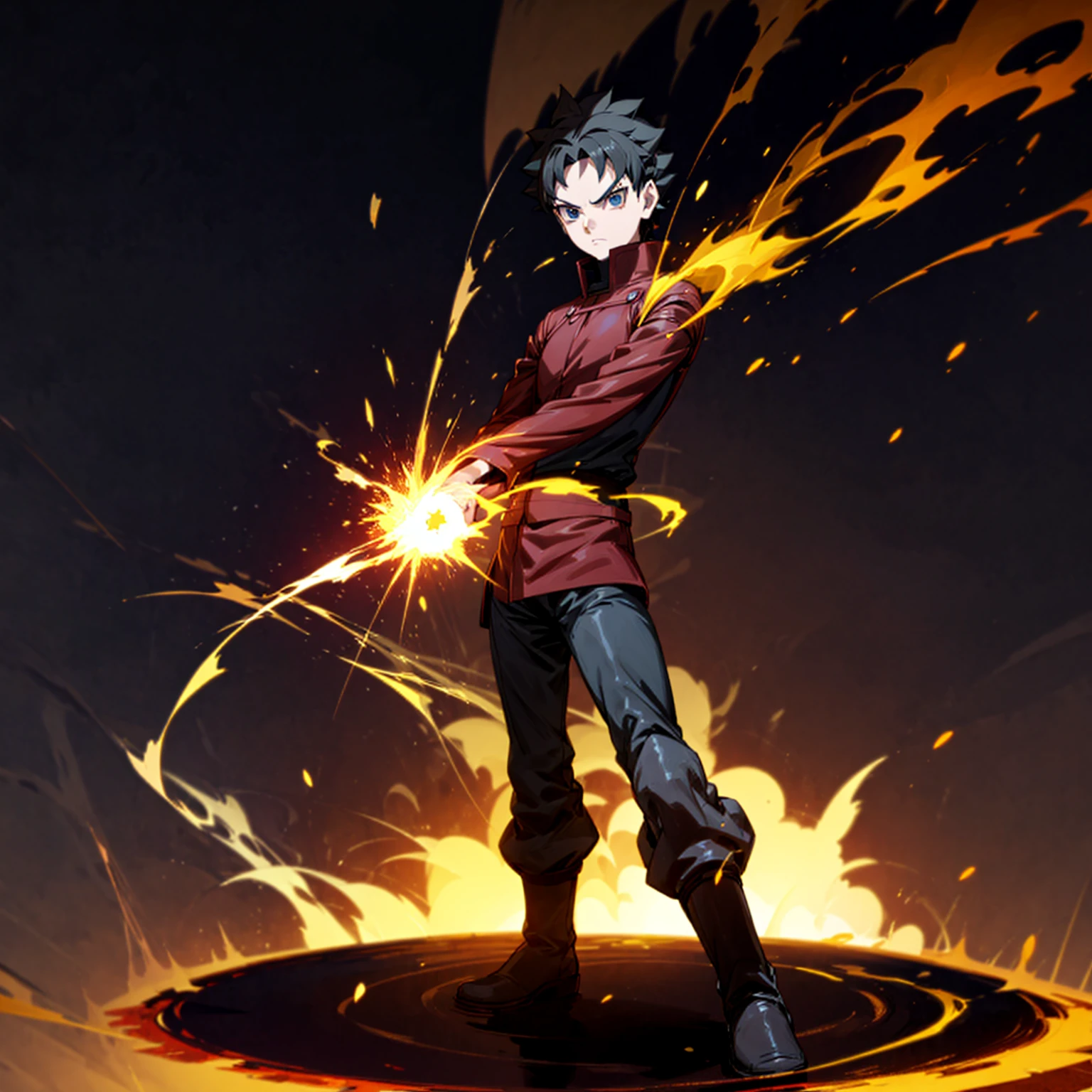 1boy, Full body version, 1character, blue eyes, short haircut, black color hair, soldier style outfit, boots, Grassroots, full background in fire tornado, motion blur, (Hunter x Hunter style art), standing gesture, big fire on hand, lighting fire in hand, smoke effect, aura effect, plasma effect, blood on hand, lighting effect 