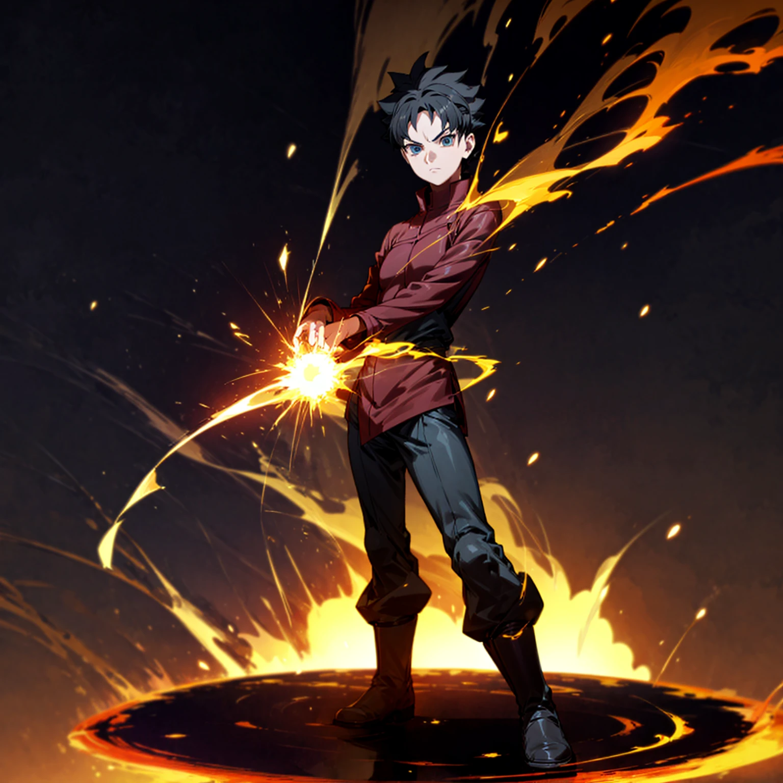 1boy, Full body version, 1character, blue eyes, short haircut, black color hair, soldier style outfit, boots, Grassroots, full background in fire tornado, motion blur, (Hunter x Hunter style art), standing gesture, big fire on hand, lighting fire in hand, smoke effect, aura effect, plasma effect, blood on hand, lighting effect 