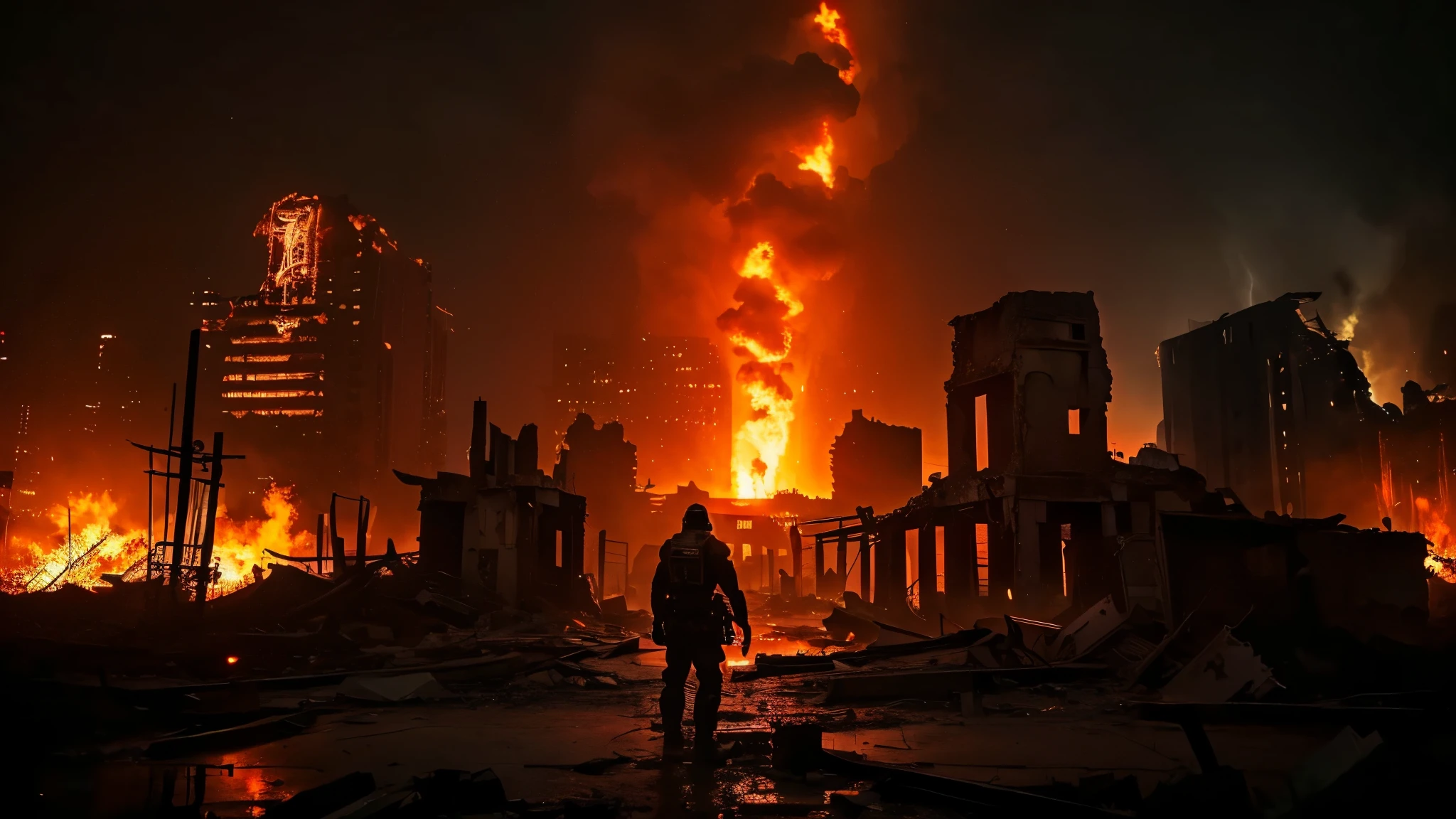 a city in ruins, on fire, post-apocalyptic, dark,abandoned town, ancient city,artistic,city ruins in background,dark red,red,orange,yellow,black,fire,(best quality,4k,8k,highres,masterpiece:1.2),ultra-detailed,(realistic,photorealistic,photo-realistic:1.37)