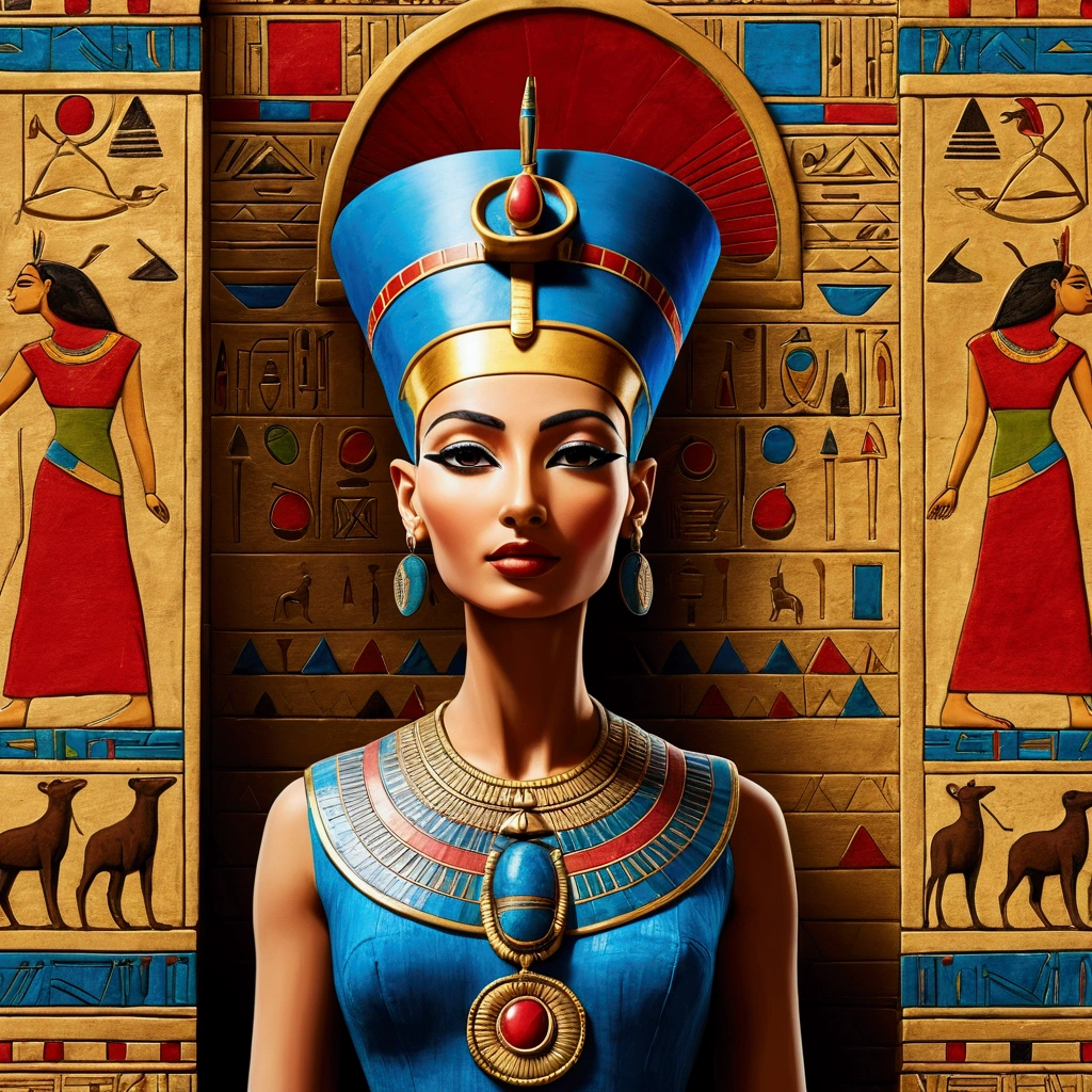 Create a background that represents Egyptian culture, with drawing of Nefertiti surrounded by hieroglyphs and symbols of beauty, like the lotus flower and the beetle. Use a vibrant color palette, incluindo azul, gold and red. Ao fundo, include silhouettes of pyramids and temples, with a mystical atmosphere that evokes the spirituality of Ancient Egypt