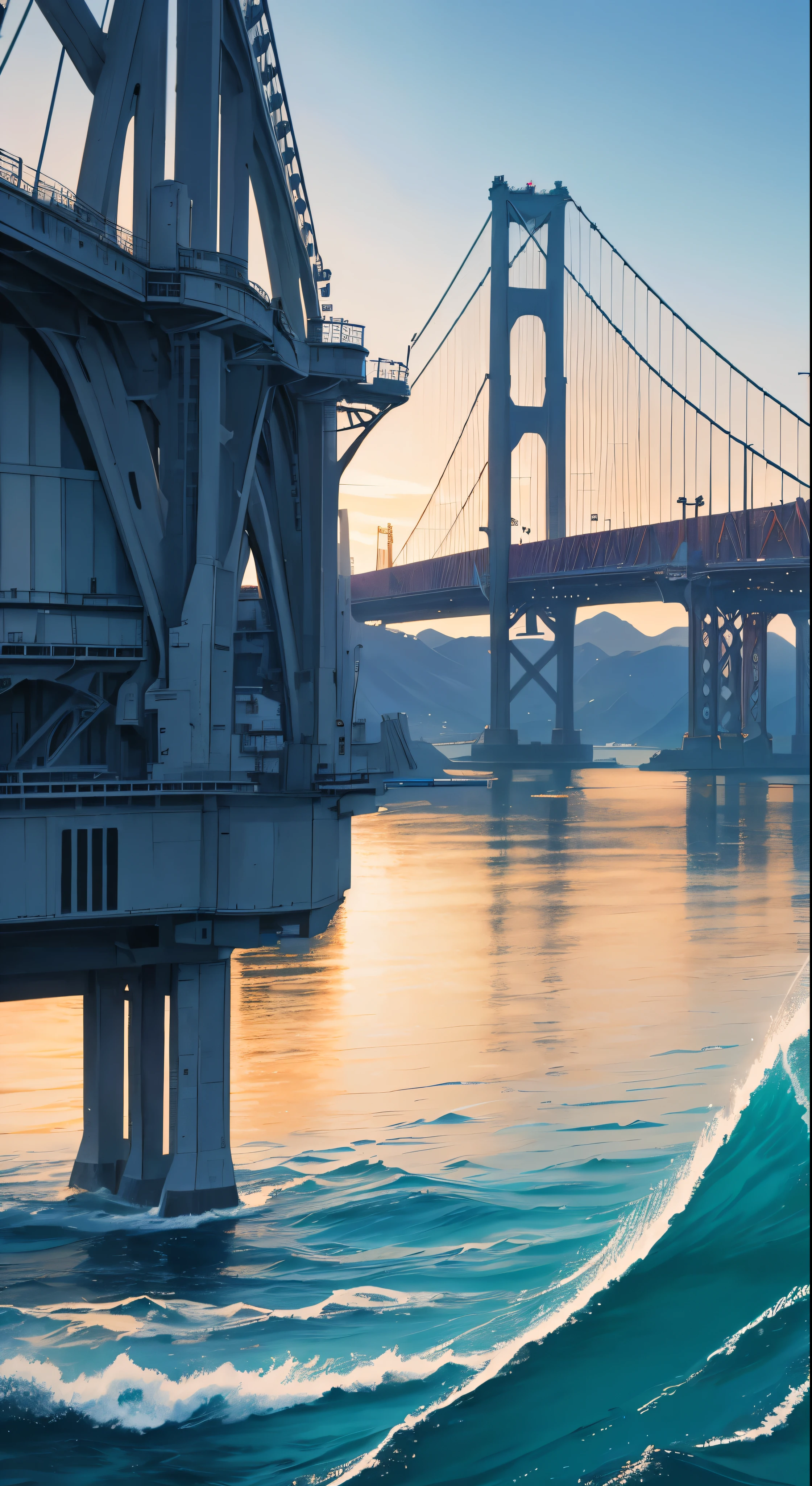 with high definition imageasterpiece、high quality、Beautiful graphics、High detail、Art Station、Sharp Focus、Inspiring 8k wallpapers、The contrast between the Akashi Kaikyo Bridge and the sea。Spectacular and mysterious，How many ships are there in the sea?
