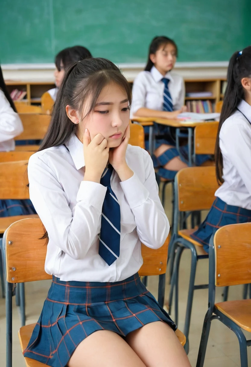 The adorable girl in the class, (zoomed in:1.1), (teardrops:1.2), (classroom mishap:1.1), cute uniform, pigtails, classroom setting, emotional scene, tearful eyes, wet floor, humiliating incident, embarrassed expression, regretful posture, puddle of urine, best quality, masterpiece, emotional atmosphere, color palette, tear-streaked cheeks, sorrowful gaze, realistic details, intricate emotions.