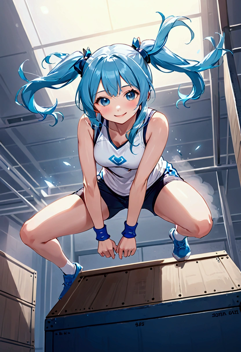 A beautiful girl with long light blue hair and twin tails, Wear gym clothes, Jumping on a vaulting box. Bright smile