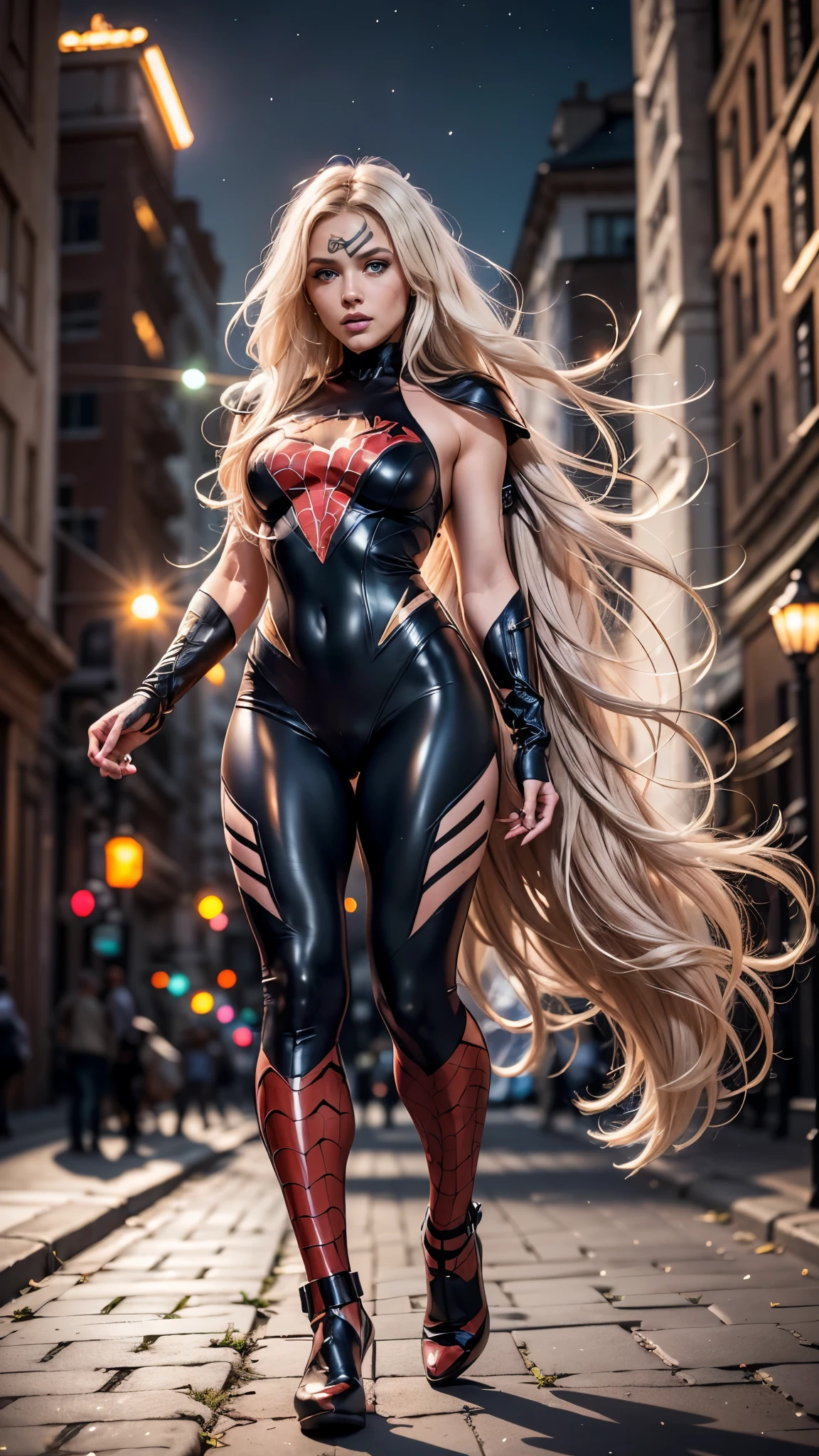 (Masterpiece, 4K resolution, ultra-realistic, highly detailed), (White costume superhero theme, charismatic, girl on top of the city, wearing white Spider-Man costume, superheroine), [((23 years old), (long white hair:1.2), full-body, (blue eyes:1.2), (Spider-Man dynamic poses) ((gritty urban environment):0.8)| (urban landscape, nighttime, dynamic lights), (full moon))]