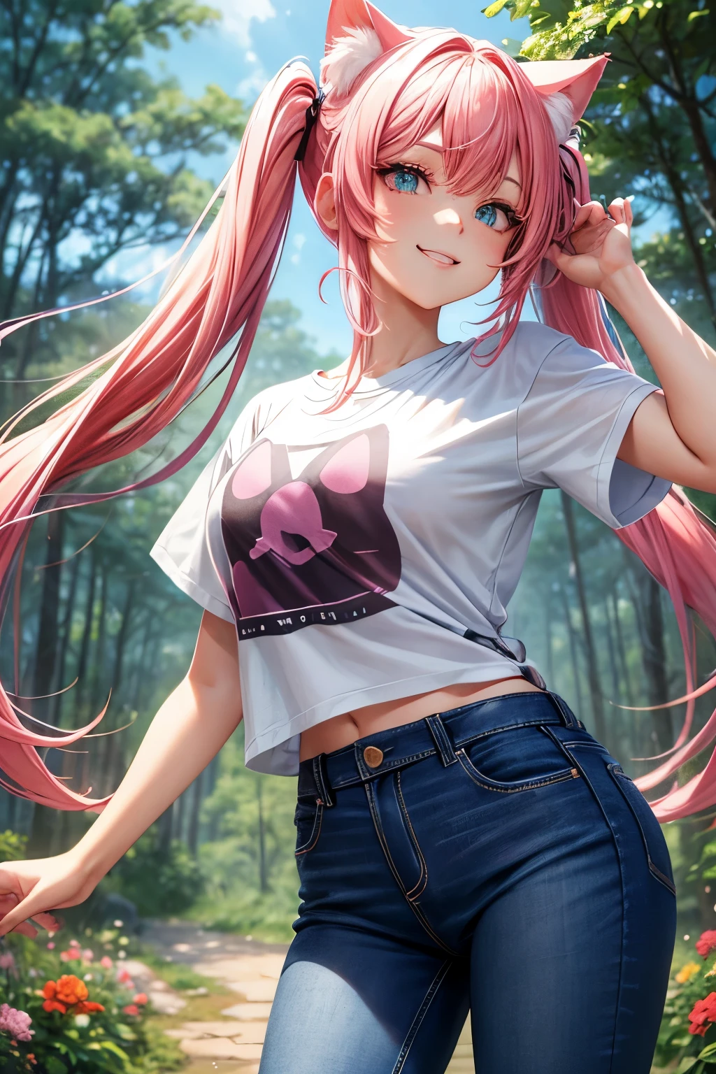 Best quality, High resolution, Perfect human structure, Cat ears, Front view, Glossy hair, Pink hair, Twintails, Forest, Flowers, Gradient eyes, Sleek bangs, Frontal angle, T-shirt, Jeans, Smile