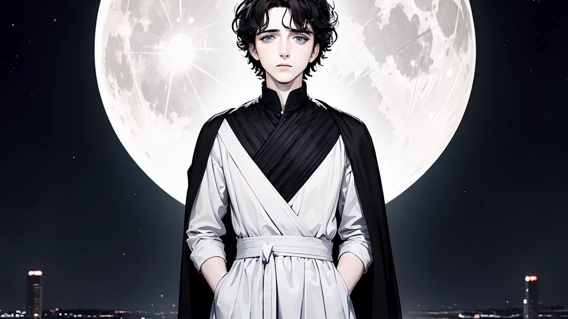 {4 k image}, Timothée Chalamet (standing alone), 28 years old, short black hair with white highlights, blue colored eyes, neutral expression, {Centered image}, {facial portrait}, {Just face photo}, Full moon background, manga line art (monochrome)