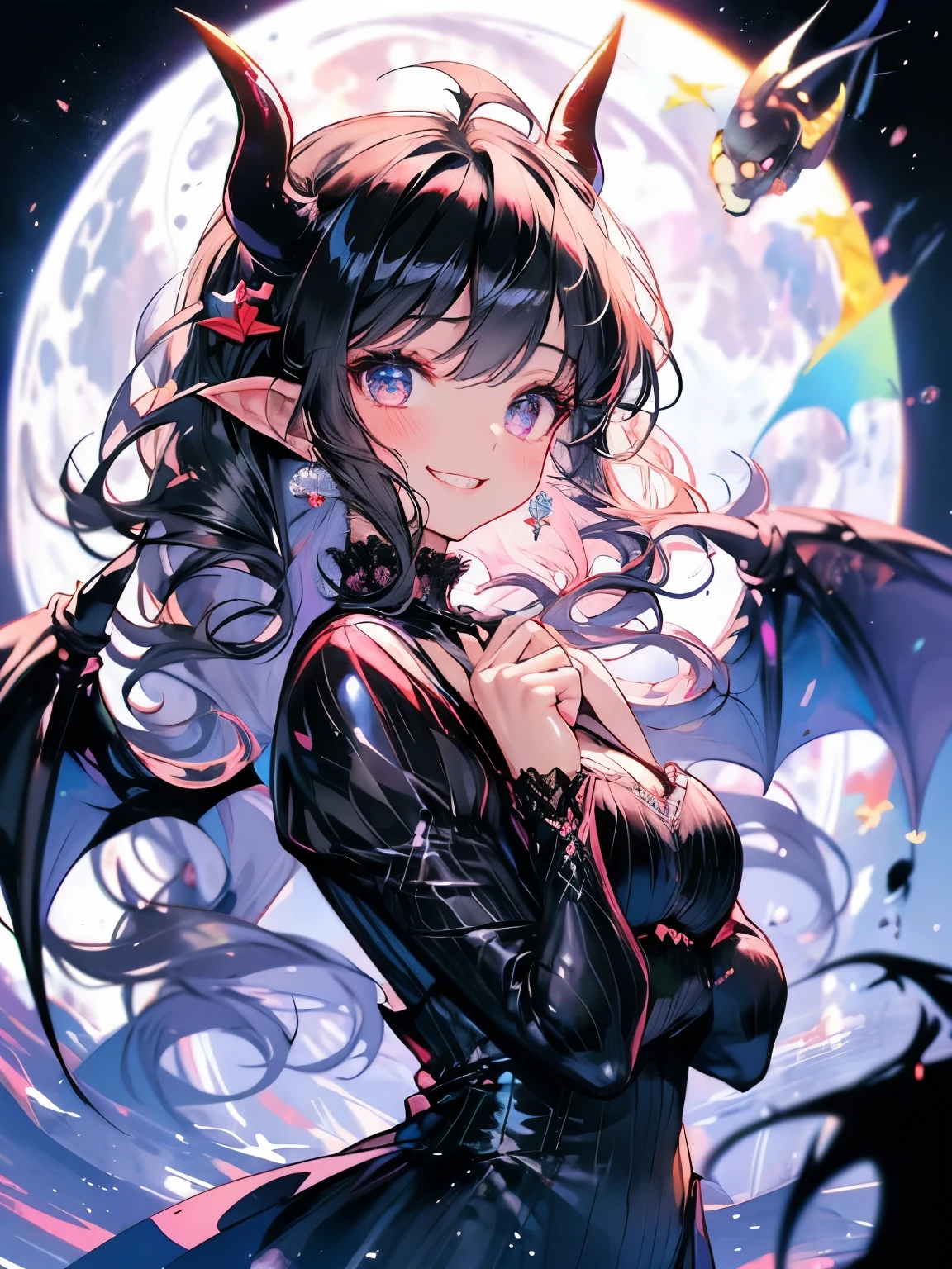 Masterpiece、Black Hair、Delicate eyes、smile、Tied up hair、Black wing,(((Devil)))、Gothic lolita,Upper Body、night、full moon