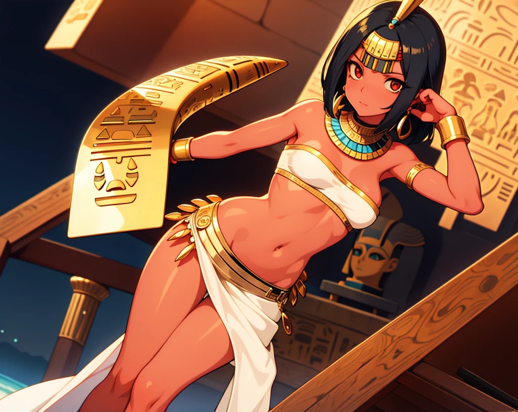 1girl, close to the camera, looking at the camera, tan skin, black bob hair, gold jewelry on her body, an Egyptian god, white loin cloth skirt, a white tube top