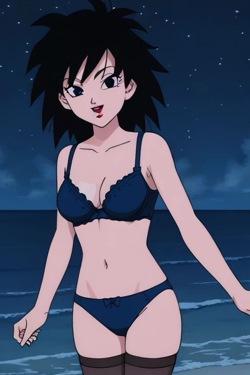 source_anime, score_9,score_8_up, score_7_up, ginedb, anime screencap, 1girl, solo, looking at viewer, smile, medium breasts, black hair, ocean, medium breasts, smile, standing, blue night sky, night, stars, underwear, yellow top, yellow panty, lengerie, lingerie, mesh stockings, transparent tights