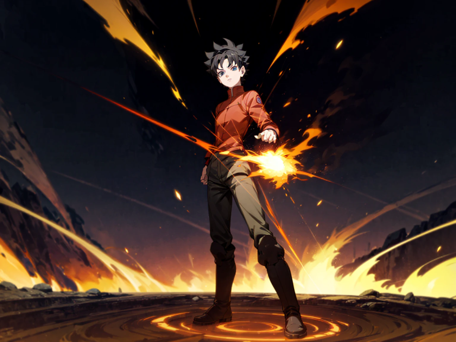 1boy, Full body version, 1character, blue eyes, short haircut, black color hair, soldier style outfit, boots, Grassroots, full background in fire tornado, motion blur, (Hunter x Hunter style art), standing gesture, big fire on hand, lighting fire in hand, smoke effect, aura effect, plasma effect, blood on hand, lighting effect