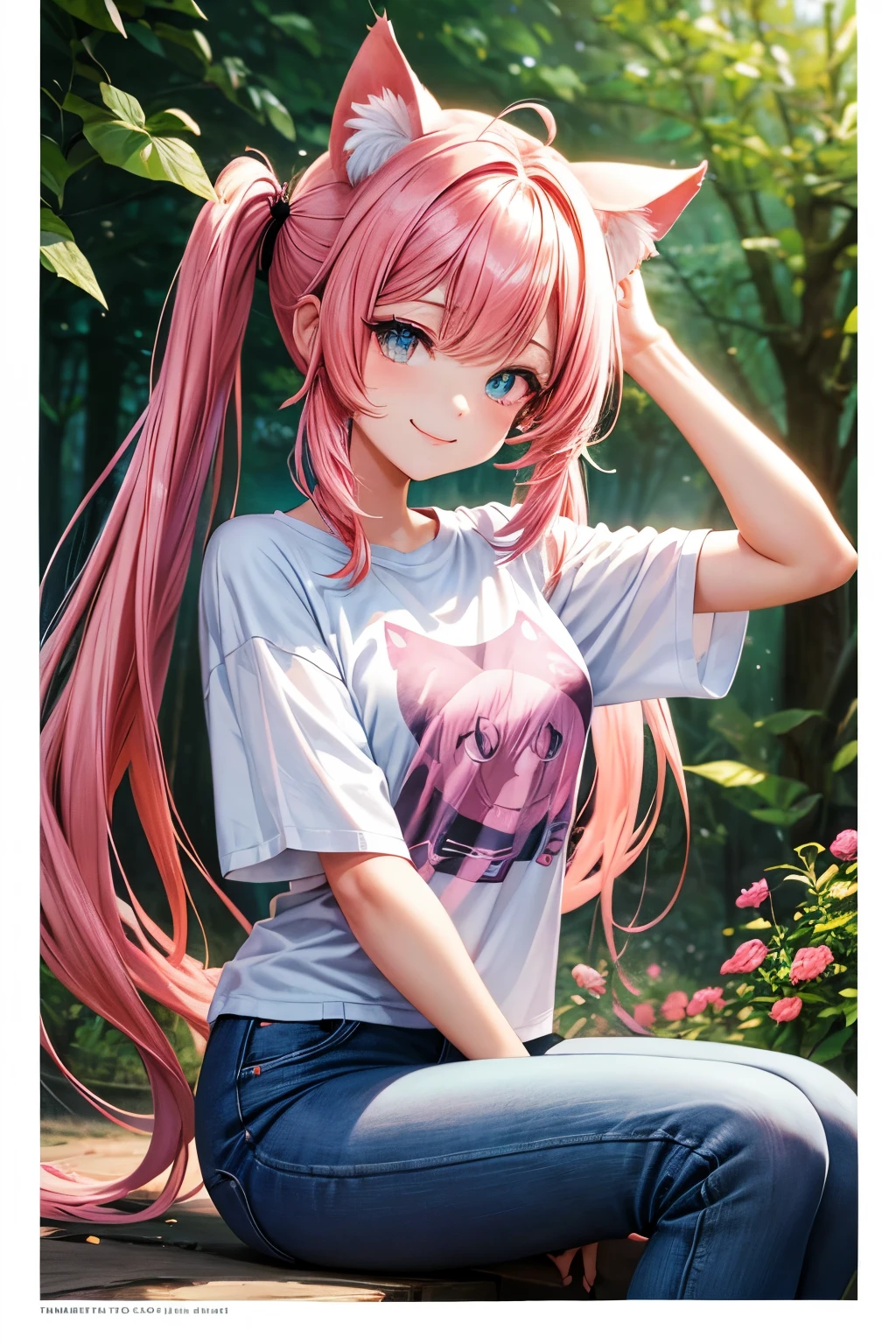 Best quality, High resolution, Perfect human structure, Cat ears, Front view, Glossy hair, Pink hair, Twintails, Forest, Flowers, Gradient eyes, Sleek bangs, Frontal angle, T-shirt, Jeans, Smile