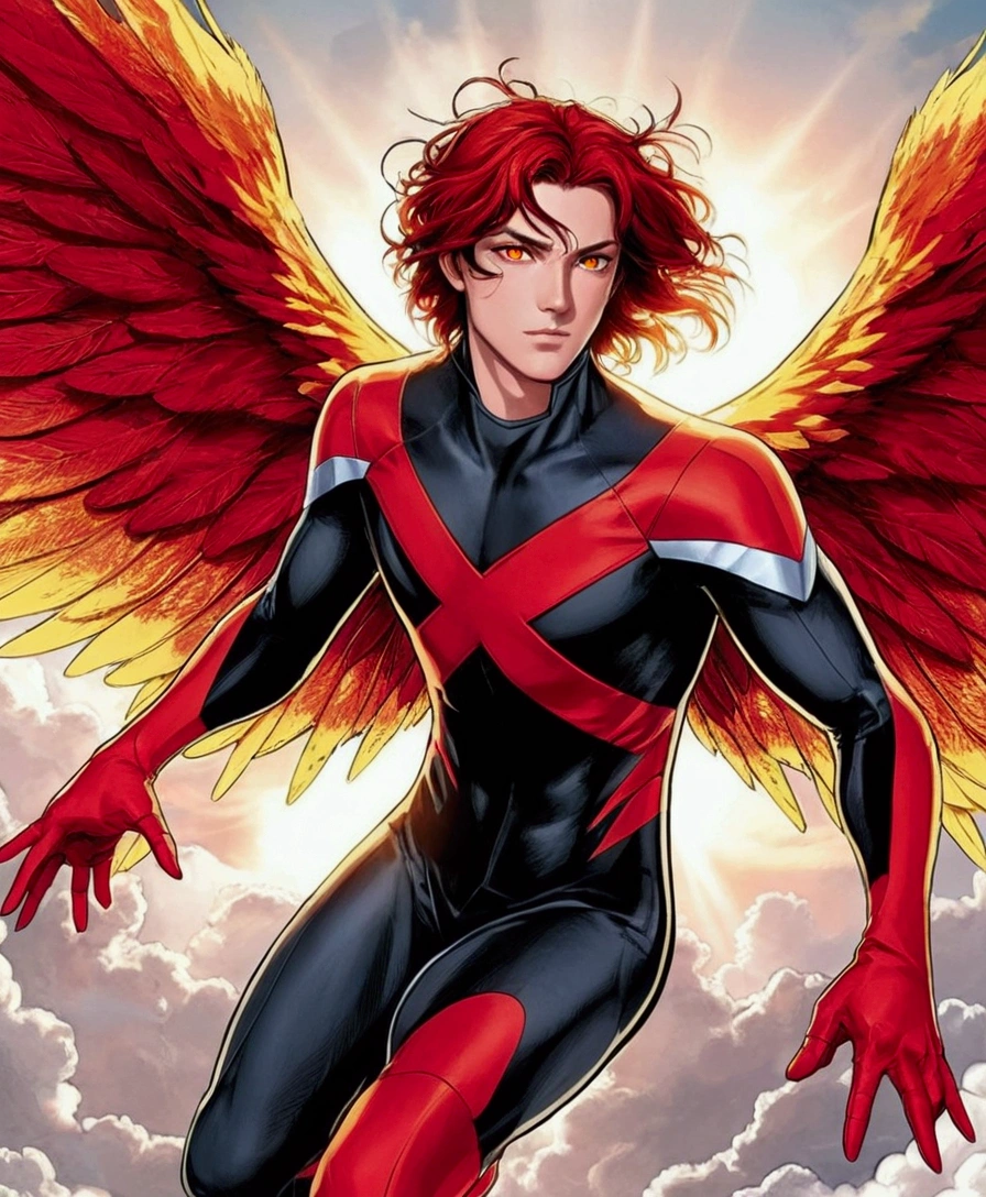 A young man with red and black hair and fiery orange eyes is wearing a black and red suit with an X pattern on his chest. He has large, vibrant red and yellow wings spread out behind him. He is flying in the sky with clouds and sunlight in the background, giving an impression of powerful flight and heroic presence.