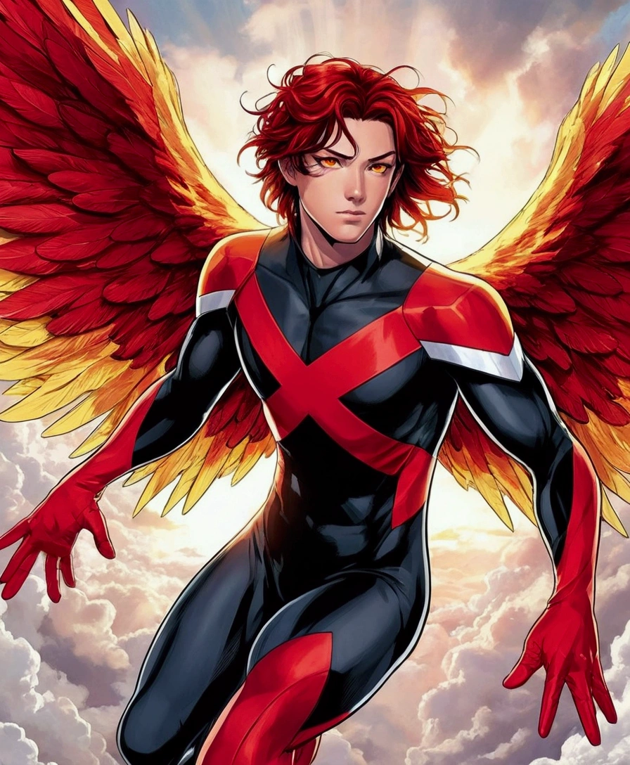 A young man with red and black hair and fiery orange eyes is wearing a black and red suit with an X pattern on his chest. He has large, vibrant red and yellow wings spread out behind him. He is flying in the sky with clouds and sunlight in the background, giving an impression of powerful flight and heroic presence.