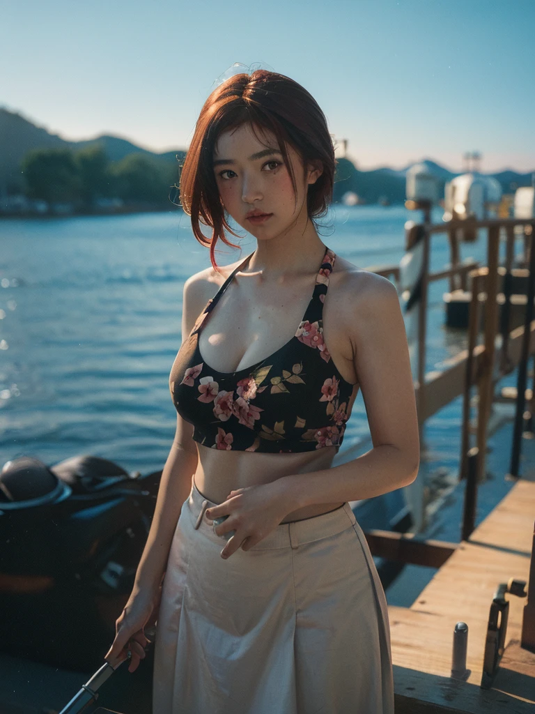 (full body shot:1.3), Best quality, 20y, (chubby:1.2), 1girl, kazakh, wearing floral tanktop, skirt, big breast, (sexy:1.2) (redhead:1.2), hair blowing in the wind, moody, deep shadow, posing in harbor, detailed face and eyes, (perfect object:1.2), portra 400, (cinematic dark lighting:1.3), (ultra highres;1.3), highly detailed:1.3), masterpiece, (sharp focus:1.2), beautiful film bokeh, (surreal view:1.5), candid style, shot by zenit camera with 35mm lens, Portrait by annie leibovitz