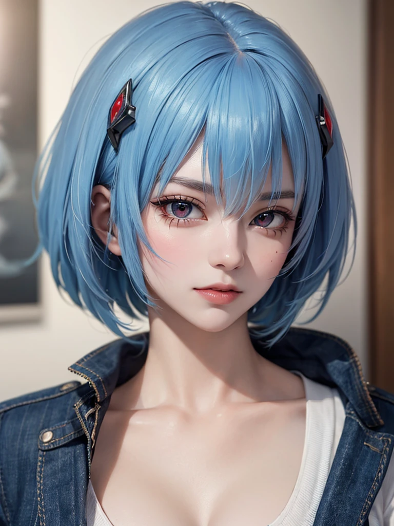 Masterpiece, Best Quality, 8K, Detailed Skin Texture, Detailed Cloth Texture, Beautiful Detail Face, Intricate Detail, Ultra Detailed, Portrait of Rei Ayanami, Blue Hair, Red Eyes, Head Tilt, No Background