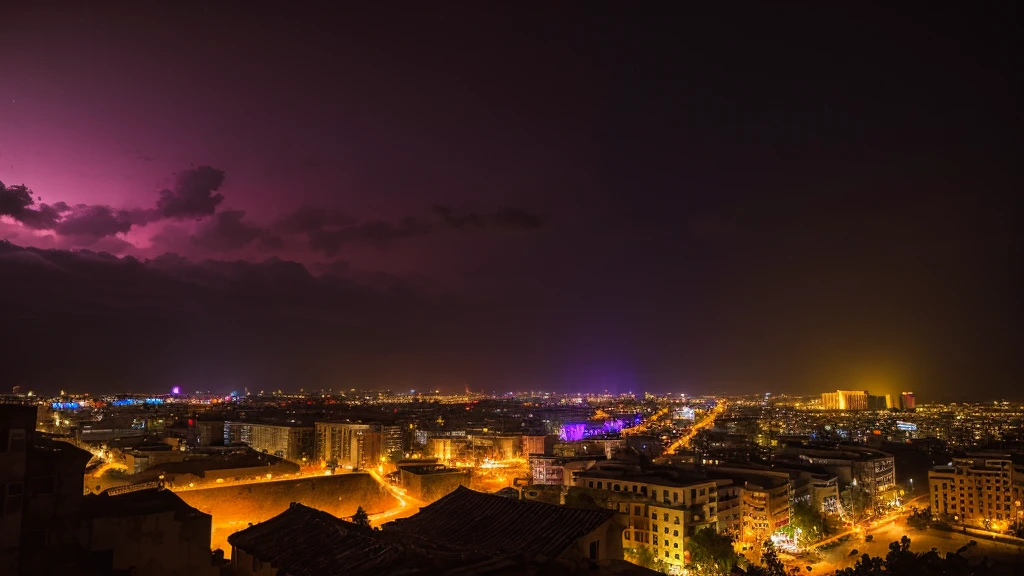 up close scene of ancient town of ruins, on fire, city destroyed, dark, post apocalyptic, artistic, city ruins in background, dark purples, magenta, yellows, lots of active fire, abandoned town, burning, night time