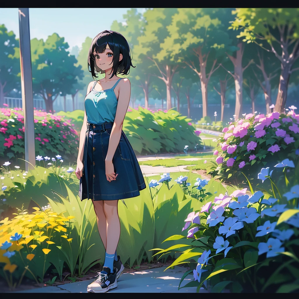 (high quality, High resolution, Very detailed, reality:1.37), Peaceful atmosphere, (Outdoor, garden), Teenage girl standing alone, (my breasts are big.), Beautiful details, Cute Smile, (Black bob hair), camisole, Denim skirt, Blue socks, sneakers.