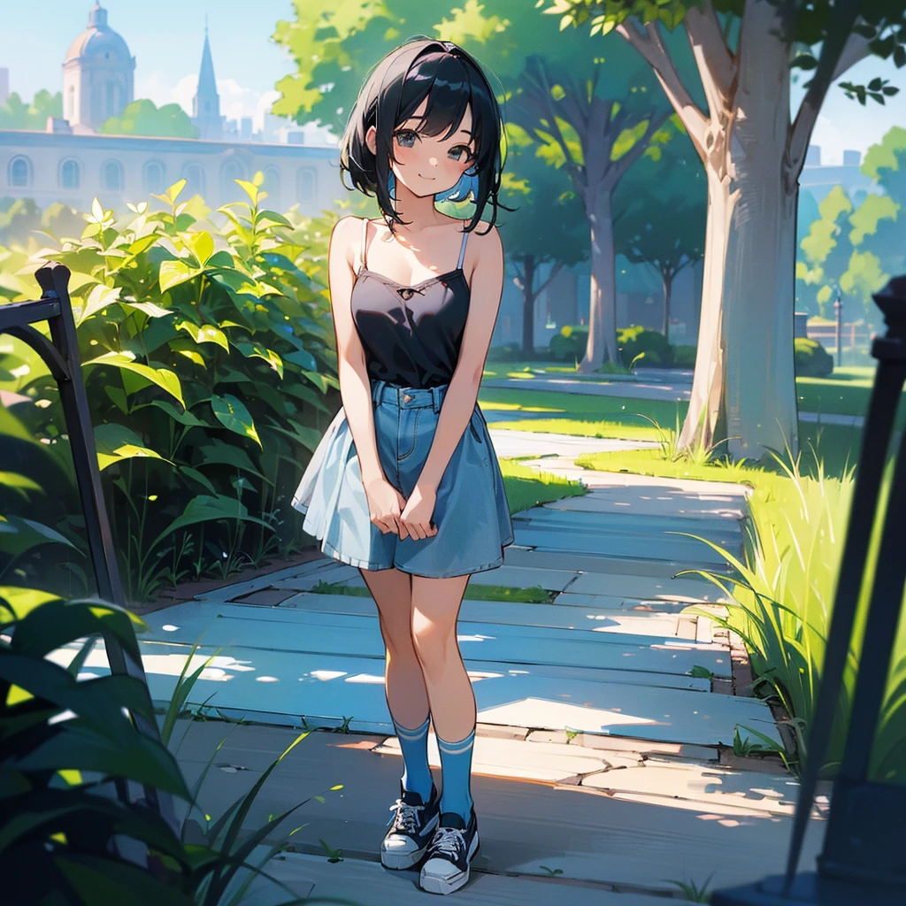 (high quality, High resolution, Very detailed, reality:1.37), Peaceful atmosphere, (Outdoor, garden), age girl standing alone, (my breasts are big.), Beautiful details, Cute Smile, (Black bob hair), camisole, Denim skirt, Blue socks, sneakers.
