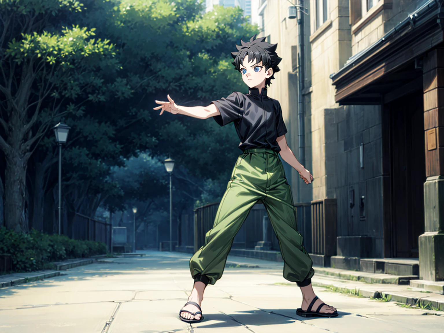 1children boy, Full body version, 1character, blue eyes, short haircut, black color hair, casual style outfit, sandals, Grassroots, background in city street, motion blur, (Hunter x Hunter style art), standing gesture, poor boy