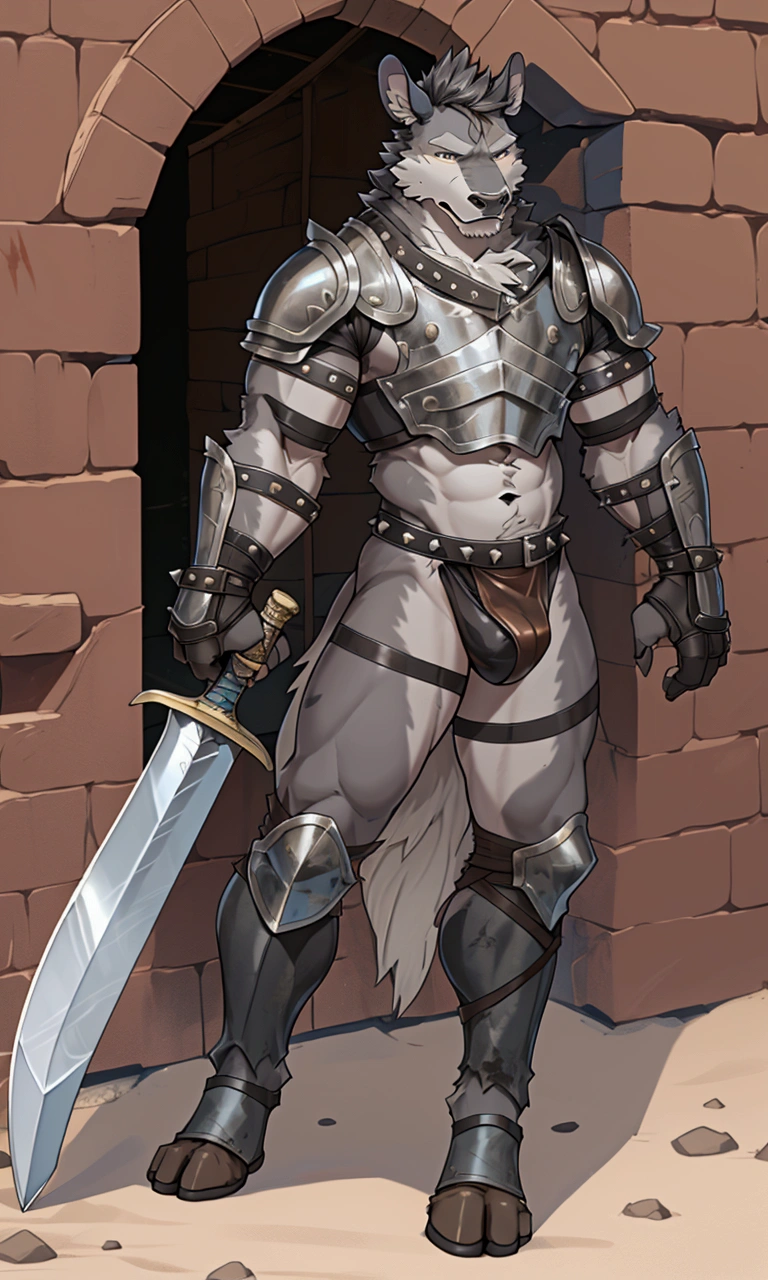 Solo Sexy young anthro furry bovine male mercenary medieval solider, slim endomorph muscular, anthro handsome gay shorter muzzle, handsome gay model male apperance, sword scars, worn out leather skimpy armament, low on hips heavy leather belt, old very worn out skimpy dirty linen material jockstrap, old yellow dirty worn out stains on white sawn jockstrap, very visible "x" brown seam pattern on the jockstrap, studded skimpy armlets breastplate armor, skimpy breastplate, leather bondages, fingerless leather gloves, smelly unwashed furr, dirty body look, desert battlefield, standing in sexy fighting position, close view of full character