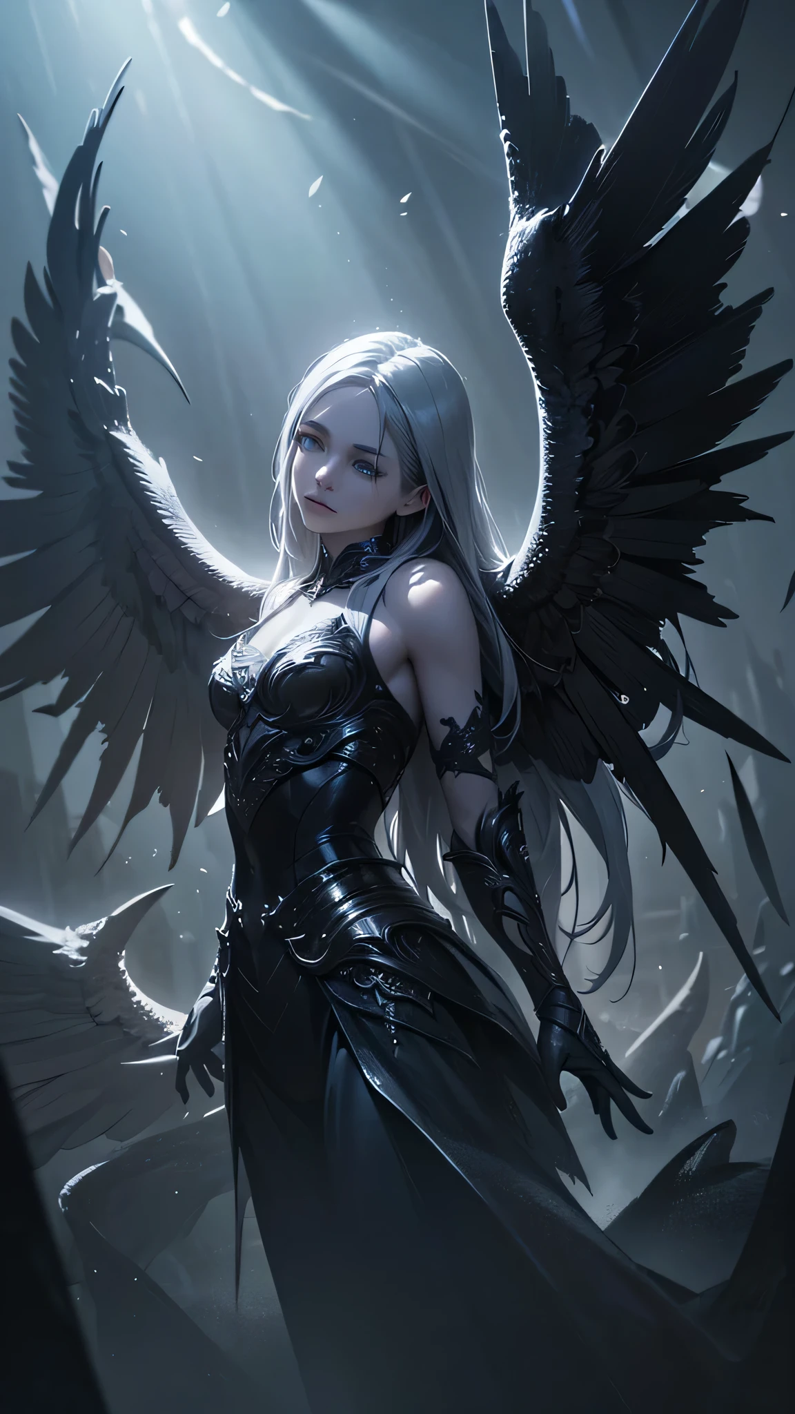 a beautiful angel with wings, a powerful dark demon, fantasy, surreal, (best quality,4k,8k,highres,masterpiece:1.2),ultra-detailed,(realistic,photorealistic,photo-realistic:1.37),dramatic lighting,chiaroscuro,dramatic contrast,cinematic,muted colors,moody,dark and light,dramatic pose,intricate details,volumetric lighting,detailed texture