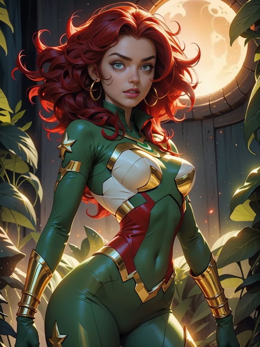 The Star character,vast curly red hair, perfect costume, golden skin, eyes glowing green, gentle curves, beautiful girl
