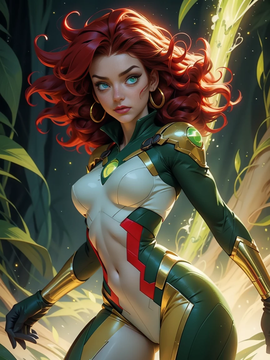 The Star character,vast curly red hair, perfect costume, golden skin, eyes glowing green, gentle curves, beautiful girl