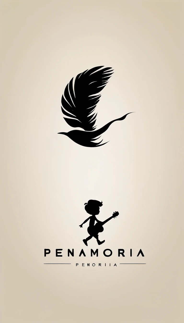 A minimal, modern, simple, cinematic, minimalistic logo design for the brand “Penamemoria". The logo design must be a simple, magical feather and a boy running and holding an acoustic guitar. The logo must convey a sense of music, stories and dreams. Logo design impressed on a book cover. Minimalistic logo