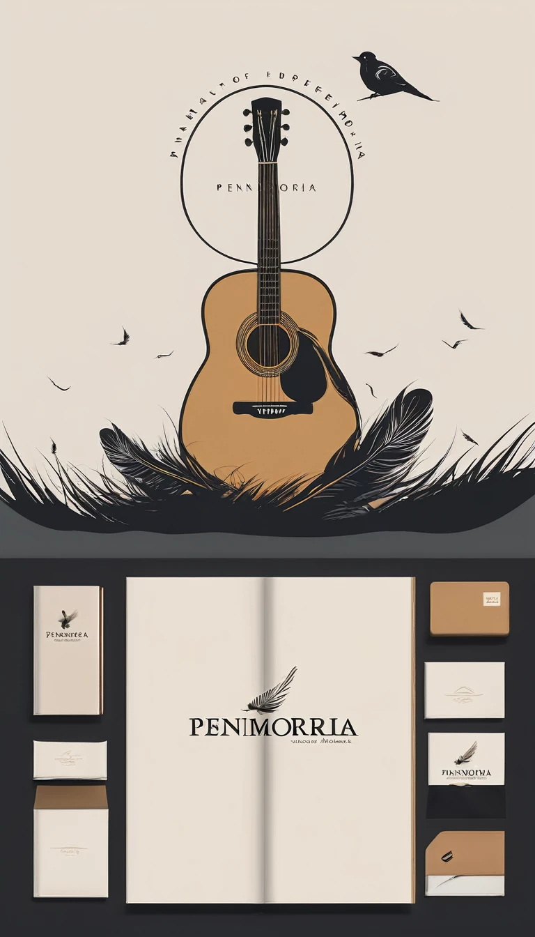 A minimal, modern, simple, cinematic, minimalistic logo design for the brand “Penamemoria". The logo design must be a simple, magical feather and a boy running and holding an acoustic guitar. The logo must convey a sense of music, stories and dreams. Logo design impressed on a book cover. Minimalistic logo