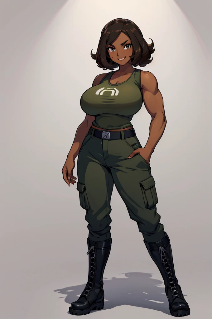 (masterpiece, best quality, high resolution, (pokemon style) ((huge breasts)) 1 woman, very short brown hair military style, ((dark skin)) tank top with straps, pants, boots, body with muscles, smile,,((white background,)), ((full body standing)),
