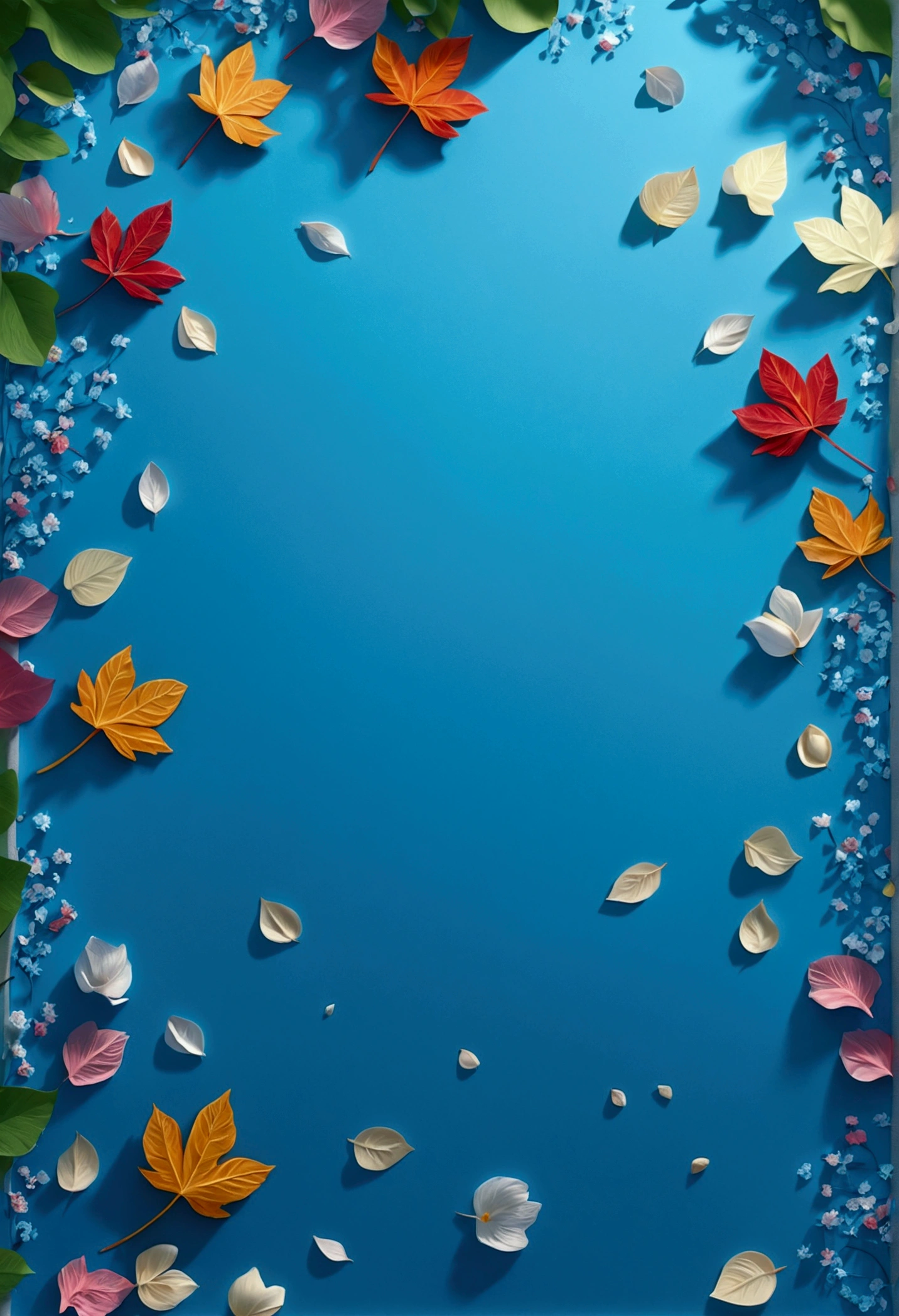 work of art, best qualityer, (very detailed CG 8k unity wallpaper) (best qualityer), (best illustration), (better shadows) naturey', blue sea,delicate leaves, petals of various colors falling in the air, tracking light, super detailed --v6