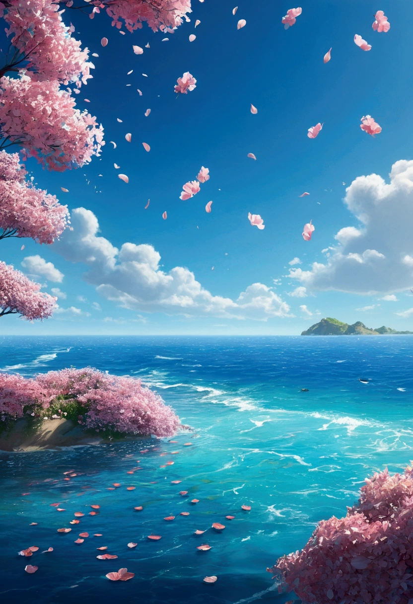 work of art, best qualityer, (very detailed CG 8k unity wallpaper) (best qualityer), (best illustration), (better shadows) naturey&#39, blue sea,delicate leaves, petals of various colors falling in the air, tracking light, super detailed --v6