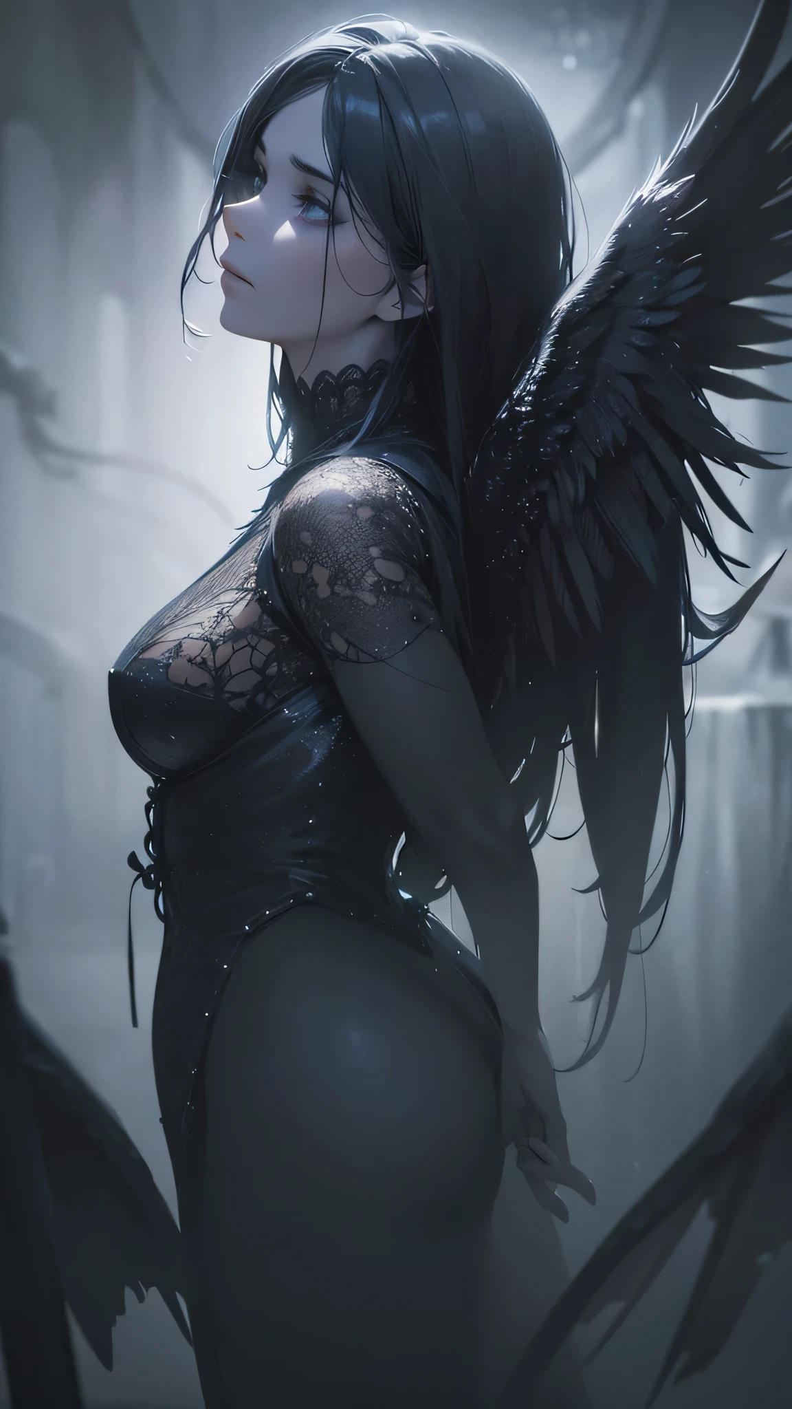 a beautiful angel with wings, a powerful dark demon, fantasy, surreal, (best quality,4k,8k,highres,masterpiece:1.2),ultra-detailed,(realistic,photorealistic,photo-realistic:1.37),dramatic lighting,chiaroscuro,dramatic contrast,cinematic,muted colors,moody,dark and light,dramatic pose,intricate details,volumetric lighting,detailed texture