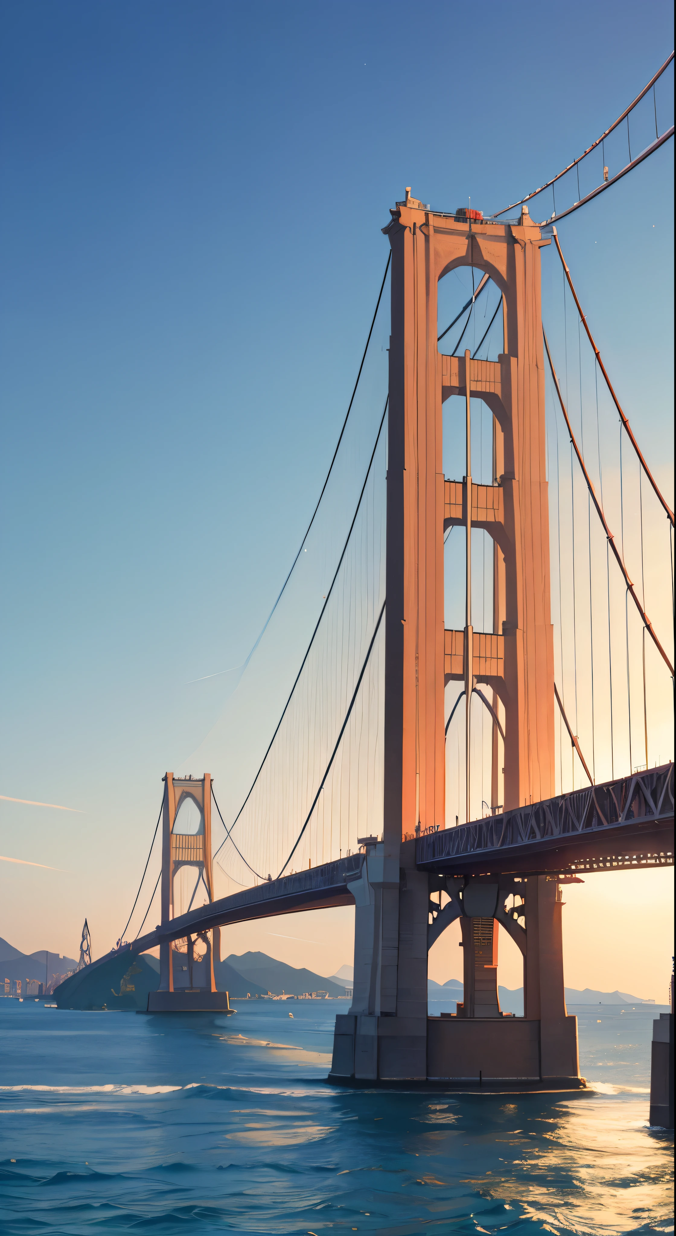 with high definition imageasterpiece、high quality、Beautiful graphics、High detail、Art Station、Sharp Focus、Inspiring 8k wallpapers、The contrast between the Akashi Kaikyo Bridge and the sea。Spectacular and mysterious，How many ships are there in the sea?
