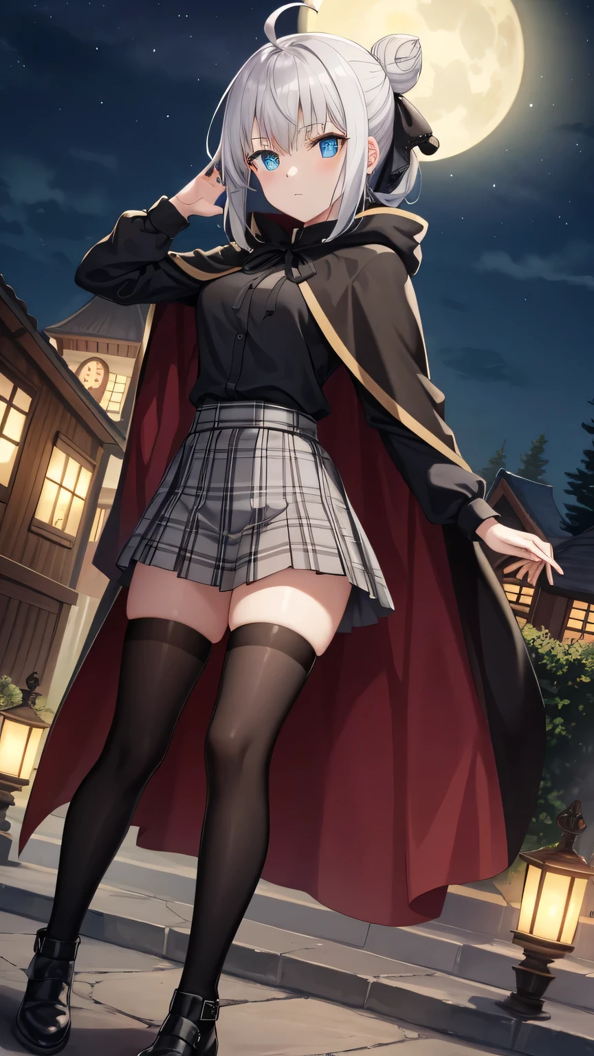 {{{masterpiece}}}, {{{best quality}}}, {{ultra-detailed}}, {illustration}, {{an extremely delicate and beautiful}}, (beautiful detailed eyes:1.6), extremely detailed face, 16k, anime face, fgogray, gray(Fate Grand Order), cute face, blue eyes, short hair, grey hair, ahoge, hair bun, hair ribbon, ribbon, medium breasts, thin waist, big hips, curvaceous,
BREAK hair bun, hair ribbon, ribbon, black cape, black footwear, black ribbon, black shirt, black thighhighs, cape, grey skirt, hood, long sleeves, miniskirt, plaid, plaid skirt, pleated skirt, ribbon, shirt, skirt, solo, thighhighs, zettai ryouiki,
BREAK spread legs, standing, cool face, expressionless, looking at viewer, outdoor, sky, night, church, forest, field, Dutch angle