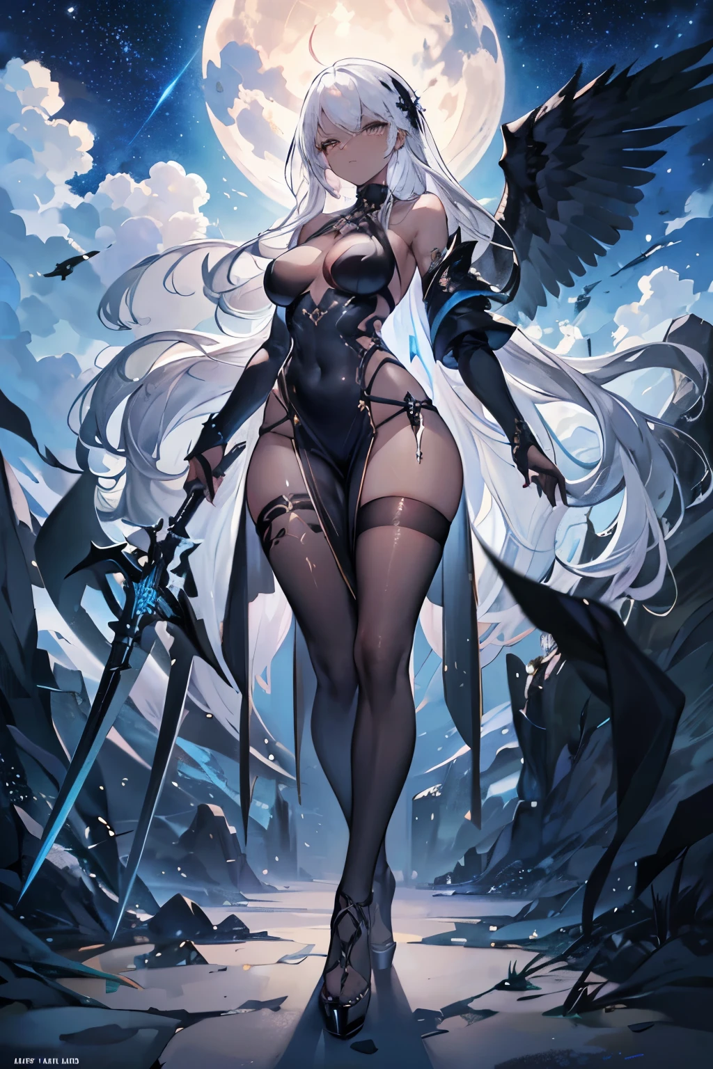 Flat lighting,elevation,sexy,A beautiful woman with supple curves,((Highest quality)), ((masterpiece)), (detailed), One girl,Silver Hair,Long Hair，Dark Skin,Wearing a black sleeveless dress，Wear black high heels，Standing pose,Starry Sky，cloud，A girl with black wings on her back，Look away,Holding a jet black long sword in one hand