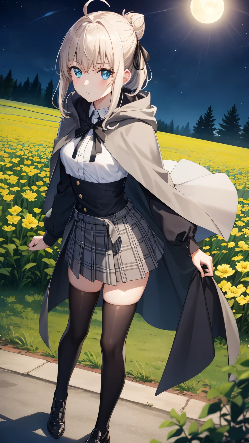 {{{masterpiece}}}, {{{best quality}}}, {{ultra-detailed}}, {illustration}, {{an extremely delicate and beautiful}}, (beautiful detailed eyes:1.6), extremely detailed face, 16k, anime face, fgogray, gray(Fate Grand Order), cute face, blue eyes, short hair, grey hair, ahoge, hair bun, hair ribbon, ribbon, medium breasts, thin waist, big hips, curvaceous,
BREAK hair bun, hair ribbon, ribbon, black cape, black footwear, black ribbon, black shirt, black thighhighs, cape, grey skirt, hood, long sleeves, miniskirt, plaid, plaid skirt, pleated skirt, ribbon, shirt, skirt, solo, thighhighs, zettai ryouiki,
BREAK spread legs, standing, cool face, expressionless, looking at viewer, outdoor, sky, night, church, forest, field, Dutch angle