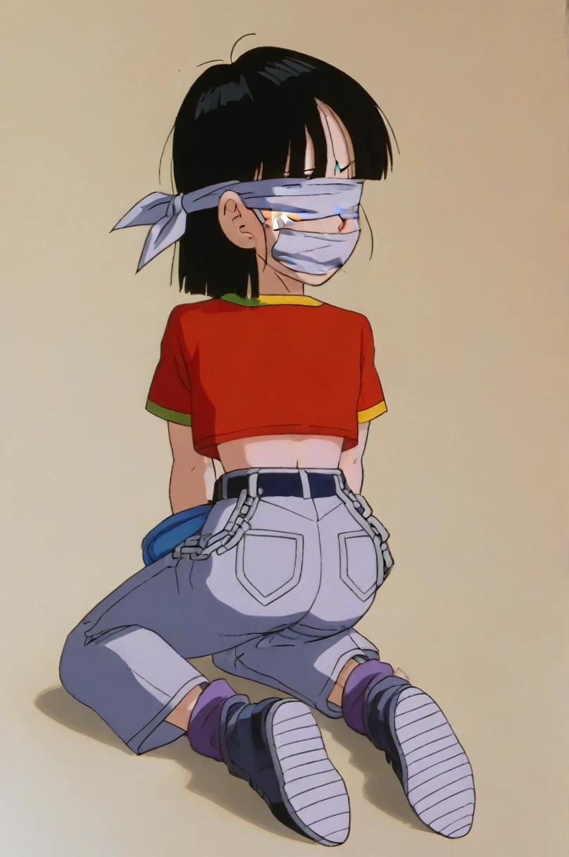 source_anime, score_9, score_8_up, score_7_up, anime screencap,8k, absurd res, pan \(dragon ball\), 1girl, solo, short hair, bangs, black hair, full body, short sleeves, sneakers, black gloves, gold trim, loose socks, belt, , black footwear, black eyes, chain, denim, red shirt, orange bandana, retro artstyle, female , grey pants, fanny pack, purple legwear, shoe soles, v-shaped eyebrows, midriff, collarbone, 1990s \(style\) anime coloring, tape gag, panic expression, struggling, white cloth blindfold over eyes, timebomb in background, white blindfolded, extreme panic expression, shibari on legs, shibari on top, hands behind back, abandoned warehouse background, on knees, hogtied, shibari ropes, white cloth cleave gag, white cloth blindfold, crying