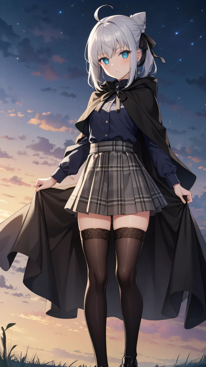 {{{masterpiece}}}, {{{best quality}}}, {{ultra-detailed}}, {illustration}, {{an extremely delicate and beautiful}}, (beautiful detailed eyes:1.6), extremely detailed face, 16k, anime face, fgogray, gray(Fate Grand Order), cute face, blue eyes, short hair, grey hair, ahoge, hair bun, hair ribbon, ribbon, medium breasts, thin waist, big hips, curvaceous,
BREAK hair bun, hair ribbon, ribbon, black cape, black footwear, black ribbon, black shirt, black thighhighs, cape, grey skirt, hood, long sleeves, miniskirt, plaid, plaid skirt, pleated skirt, ribbon, shirt, skirt, solo, thighhighs, zettai ryouiki,
BREAK spread legs, standing, cool face, expressionless, looking at viewer, outdoor, sky, night, church, forest, field, Dutch angle