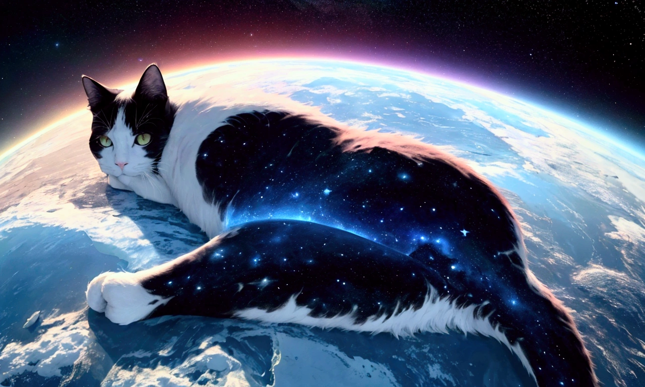 score_9,(best quality,4k,8k,highres,masterpiece:1.2),space,globe,a gigantic cat lying on the north pole, stars, cinematic angle, anime, ultra-detailed,vivid colors,