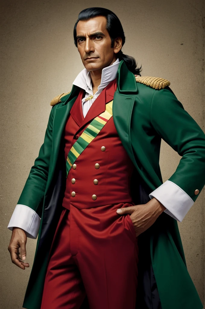 Create Simon Bolivar of the liberating current of Peru with a green jacket that says Peru