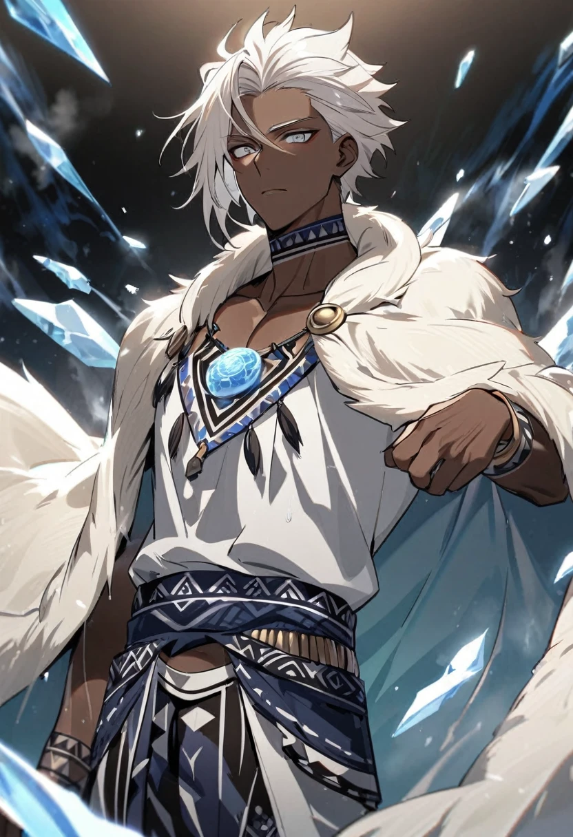 Handsome, solo, 1 male, African man,(((brown skin))), ((short wild true white hair)), gray eyes, no shirt, large shorts, tattoed indigo tribal, stylishly throwing the cape over the shoulder, ((white lion cloak)), cold posture, ice power