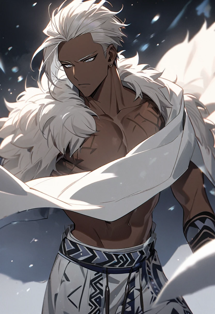 Handsome, solo, 1 male, African man,(((brown skin))), ((short wild true white hair)),  gray eyes, no shirt, large shorts, tattoed indigo tribal, stylishly throwing the cape over the shoulder, ((white lion cloak)), cold posture, ice power