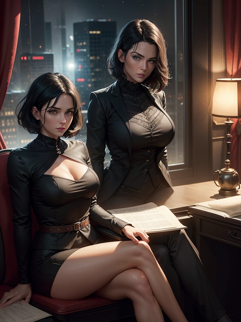 a man, forty years old, strong body, wearing black suit, short black hair, blonde woman, forty years old, big breasts, blue eyes, woman sitting on a desk with crossed legs, inside of an office, big window, red curtains, at night, light of the moon, medieval environment, fantasy world