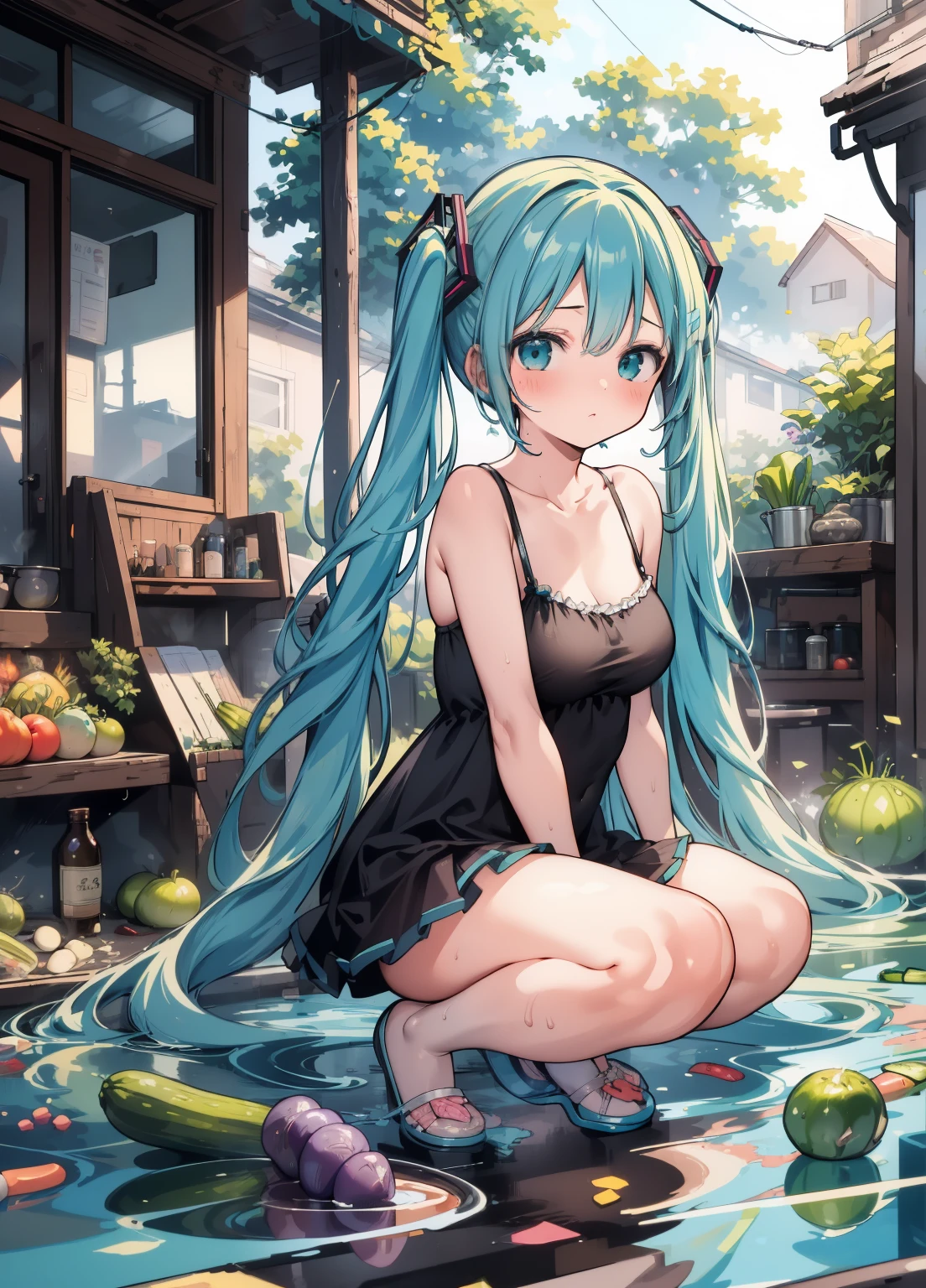 (masterpiece、Highest quality、Highest quality、Official Art、Beautiful and beautiful:1.2)、(One girl:1.3)Hatsune Miku、Twin tails,Beautiful breasts,Detailed Background, masterpiece, Highest quality, One girl, hatsune miku, Blue Hair, Twin tails, pickled vegetables店, pickled vegetables, Cucumber jar, jars of pickled vegetables, fire, fire everywhere, fire particles, on fire