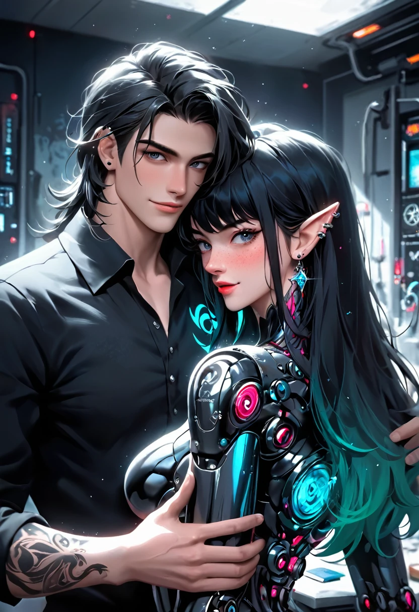 2 guys ethereal demonic 25 year old anime guy male druids, with metallic long hair, delicate masterpieceintimate delicate etched glowing neon tattoos, Fabulous full view painting of a winking beautiful and gorgeous elf ((male)) almostkissing, perfect face, blue/black pastel eyes, long white/black wisp hair, freckles, piercings and tattoo foil print neonbody art, laboratory experiment, perfect anatomy, centered, almost perfect, dynamic, very detailed, glowing, artstation, concept art, soft and sharp focus, art by Carne Griffiths and Wadim Kashin, airbrush graffiti techniques, high-definition accent lighting, epic, elven atmosphere, contrasted with vibrant paint colors., futuristic cyborg in the year 2950,