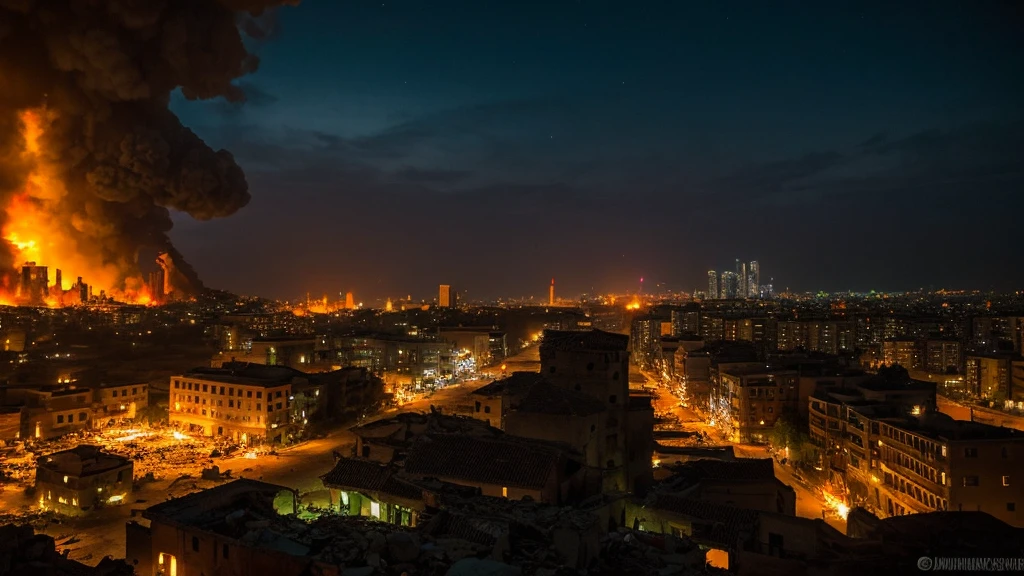 up close scene of ancient town of ruins, on fire, city destroyed, dark, post apocalyptic, artistic, city ruins in background, dark purples, reds, yellows, lots of active fire, abandoned town, burning, night time