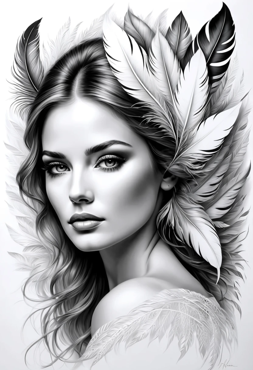 On a sheet of crisp, white paper, a beautiful woman is being meticulously drawn. Her face, framed by delicate feathers, radiates grace and elegance. The artist captures her serene expression with fine, precise lines, highlighting her soft features and soulful eyes. The feathers around her face, depicted with intricate detail, vary in size and texture, creating a gentle, ethereal halo. Each stroke of the pencil brings to life the delicate interplay of light and shadow, giving depth and dimension to the portrait. As the drawing takes shape, the woman's beauty and the intricate feathers blend seamlessly, creating a captivating and harmonious image.