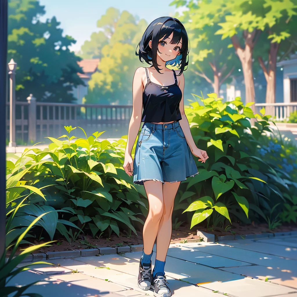 (high quality, High resolution, Very detailed, reality:1.37), Peaceful atmosphere, (Outdoor, garden), age girl standing alone, (my breasts are big.), Beautiful details, Cute Smile, (Black bob hair), camisole, Denim skirt, Blue socks, sneakers.
