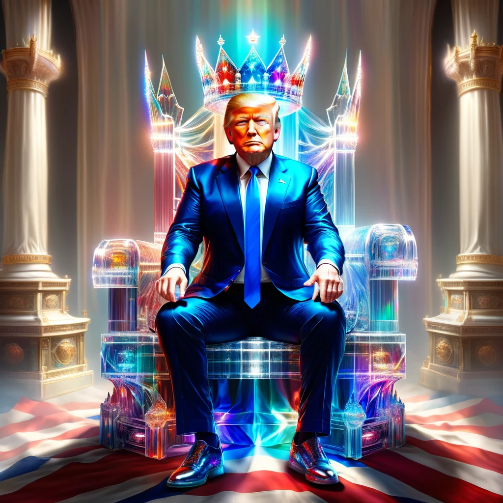 hyper detailed masterpiece, dynamic realistic digital art, incredible quality,transparentes,Donald Trump, sitting on the throne wearing a crown united states flag DonMSp3ctr4lXL